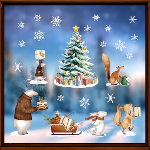 4 Vellen Kerstmis Window Stickers Aquarel Kerst scene Double Sided Snowflake Window Clings Herbruikbare Animal Glass Sticker voor Xmas Window Decor 5