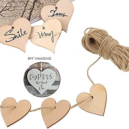 Hart houten schijven 5 cm, 100 stuks met 10 Metre Jute Cord - Houten hanger hart voor doe-het-zelf knutselen decoraties, natuurlijke houten schijven (100 stuks/50 mm)