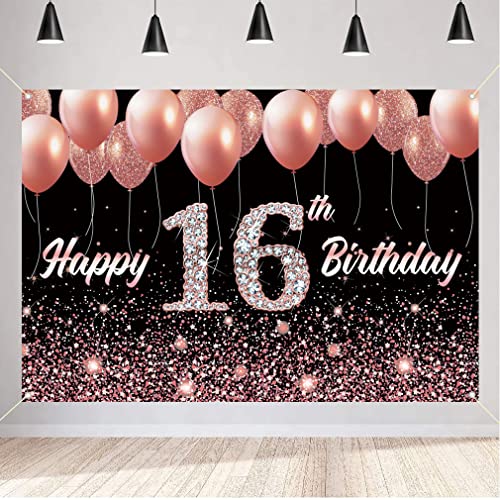 16e verjaardag meisje decoratie, 16e verjaardag Banner roze 16e Verjaardagsstof Tekenposter,16e Verjaardag achtergrond Banner meisjes verjaardag feest decoratie