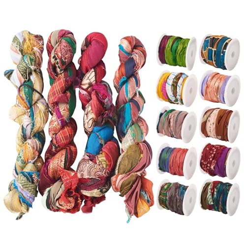 5.4m Gerecycled Sari Silk Ribbon Stof garen Ribbon Tassel voor het breien DIY Naaihaken Vrouwen armband Macrame Craft Ketting Borduren Kerstmis Decoratie (Klassieke kleur) 4