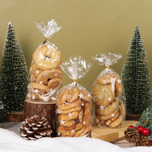 100 stuks 16 x 9 cm kerst cellofaan snoepzakken, kerstster holdere traktatie zoete goody zakken met gouden twist stropdas voor winterkerstfeest verjaardagen 3