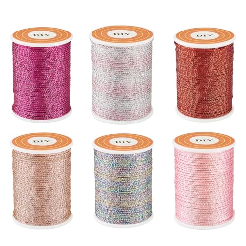 6 Rolls metalen draad touwen, 1mm Polyester metalen touw gevlochten kralen koord voor armband sieraden maken Macrame ambachten, Magenta naar donkerrood
