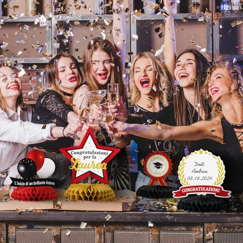 8 stukken centerpieces, afstudeerfeest, decoratie, mijn afstuderen, gefeliciteerd, feest, middenstuk, rood, zwart, honingraat patroon, decoratie, gast geschenken, afstudeertafel 5