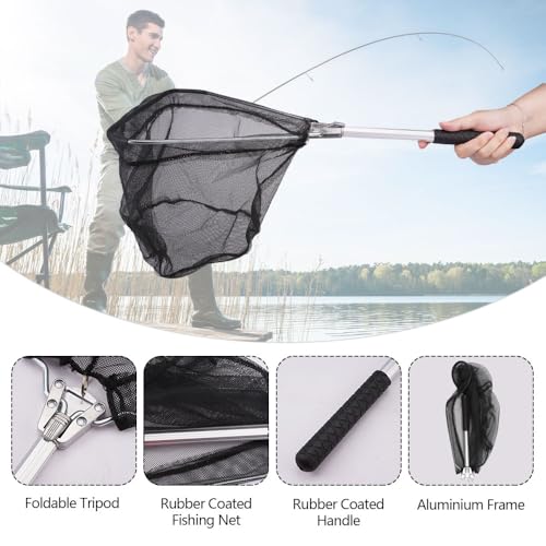 Telescopische landing net met antislip handvat voor roofvissen - met rubber en duurzaam Nylon Visnet, opvouwbaar, 53cm 3