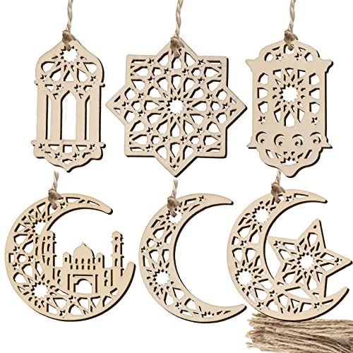 24st Eid Ramadan Houten Decoratie Maan Star Wind Licht Kasteel Vorm Ornament Eid Hangende Decoraties voor Home Mubarak Party Supply