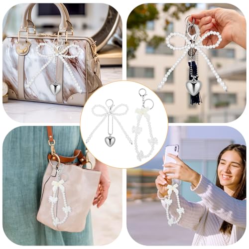 2 stuks Pearl Arch Y2K sleutelhanger voor vrouwen, tas hanger esthetische Y2K Bow sleutelhanger, zak hanger, schattige parelboog sleutelhanger voor portemonnee, wit 4