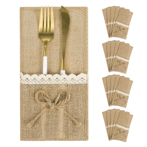20 st. Natuurlijke Jute Utensil Houders (11 x 21 cm) Messen Vorken Burlap Bestek Bag Bestek houder Bag Jute White Lace Jute Hessian Rustic Land voor bruiloft Festival Evenement