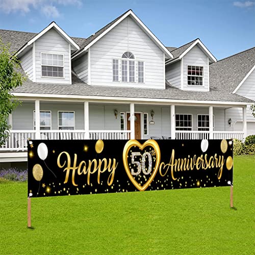 Happy 50th Anniversary Banner, 50th Bruiloft Anniversary Party Decoration Party Poster Garden/Yard/Wall/Table/Cake Decor Fabric Sign Poster, Black Gold Party Wekelome Teken 300cm x 50cm 5