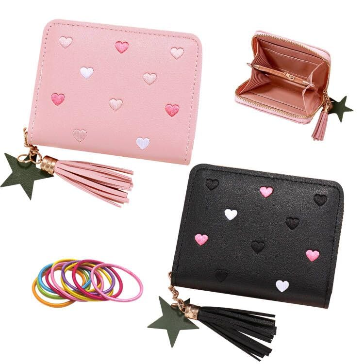 Kindertas, 2 stuks Schattig borduurwerk Thin Heart Small Purse Girls with Tassel Zip Wallet Slim Women Tieners Girls with Colourful Elastische Bands (Pink + Black), pink&black, modern