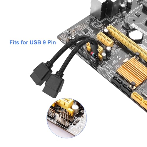 2 Pack Moederbord USB 2.0 9Pin Header Splitter 9 Pin USB 2.0 Vrouw naar Dual 9 Pin Male Header Cable Nylon Braided (Zwart)