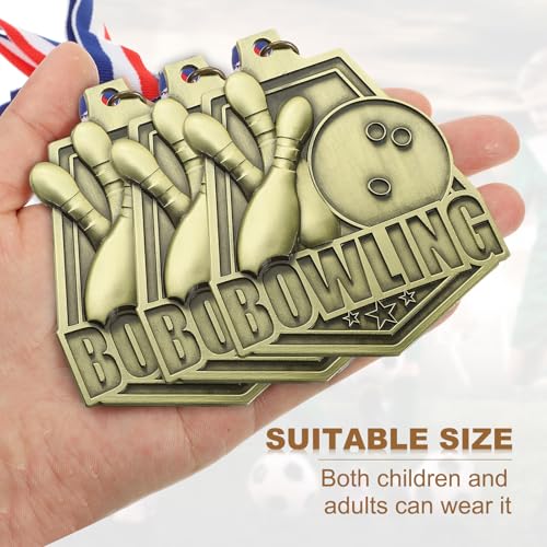 Bowling Games Embossing Gold Award Medailles met rood wit en blauw lint, 3 stuks Winnaar Medailles Gold Silver Bronze Awards voor de competitie Sport Party, Gold 5