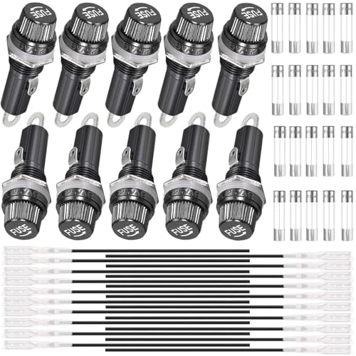 Fusehouders voor paneelbevestiging, 6 x 30 mm, 250 V, AC 10 A, 125 V AC 15 A, Fuse houder met zwarte schroefdop voor automatische stereoradio, huishoudelijke apparaten, Pak van 10
