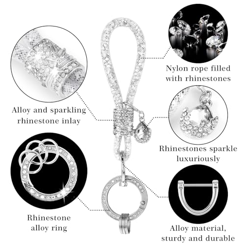 Crystal Keychain Set, Bling Keychains Vrouwen voor Autosleutels, Rhinestone Sparkling Keychain met Tassel, Autosleutel Decoraties Accessoires, Wit, One Size, Wit, Eén maat 3
