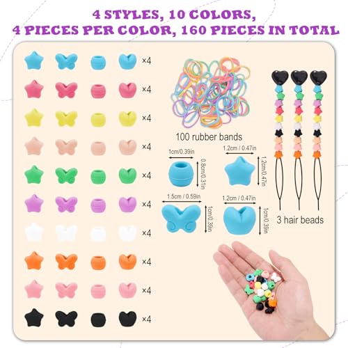 160 stuks Siliconen haar kralen voor meisjes, zacht gekleurde regenboog rubber Bands kralen voor het vlechten van haar accessoires set met 4 vormen