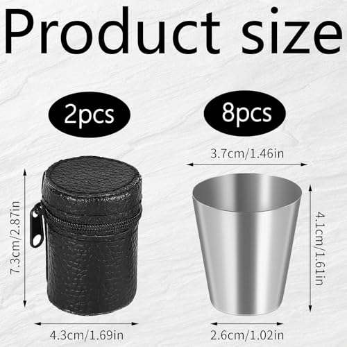 8 stuks roestvrij stalen bekers 30ml roestvrij stalen bekers Stapelbare Hip Cup met 2 lederen zakken Drinkbeker Roestvrij stalen beker draagbare metalen beker Ideaal
