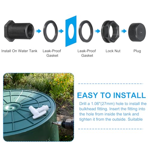 PVC Bulkhead Fitting met dop NPT1/2 Vrouw x GHT 3/4 Inch Man, 4 stuks Dubbele Threaded Bulkhead Water Tank Connector met Sealing pakking voor regenemmer, wasbakken, Aquariums, Zwart 4