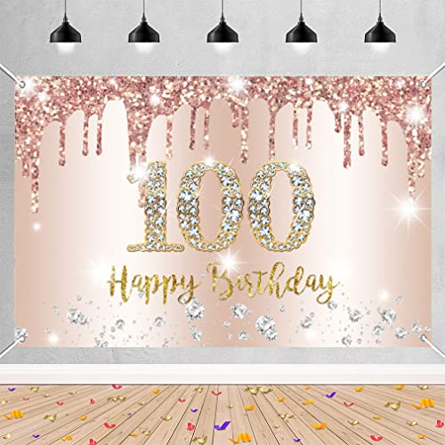 Verjaardag decoratie voor vrouwen, rozengoud, glitter, vlekken, stof, teken, poster verjaardag, decoratie, 100e verjaardag achtergrond banner vrouwen, 100 verjaardag feest decoratie