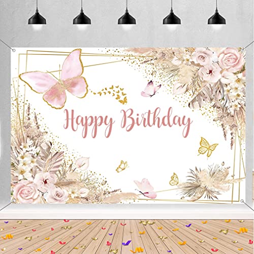 Verjaardag Decoratie, Gelukkige Verjaardag Achtergrond, Banner, Party Decoration voor meisjes, Vlinders en bloemen, Verjaardag Partij, Stof Tekenposter Verjaardag Foto Achtergrond, 150 x 90 cm