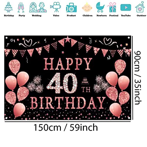 Happy 40th Verjaardagsfeest decoratie achtergrond Banner voor vrouw Gelukkig 40 jaar oude stof Tekenposter, Glitter Rose Fotografie Achtergrond 40e verjaardagstabel Decoratie, 150cmx90cm