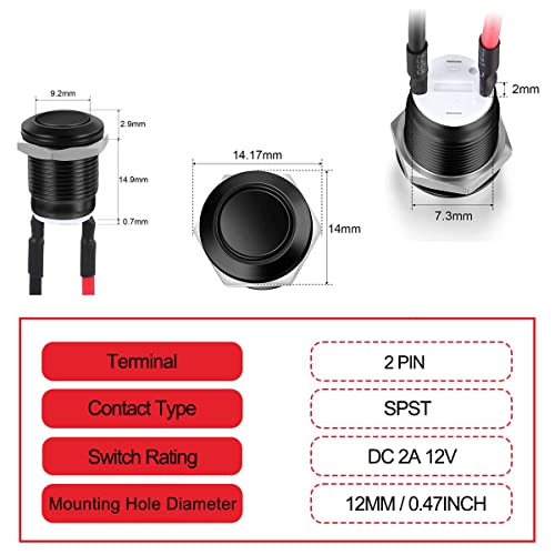 10st 12mm Knop Waterdicht, metalen drukknopschakelaar, Roestvrij staal, 12V Instantane drukknop, voor Horn, Bel, Car Round Mini Push Knop (Flat Head), Zwart