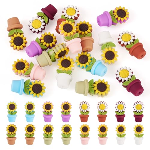 16 st Zonnebloem Bloem Pot Siliconen kralen voor Pen Keychain sieraden maken centrum geborsteld bloem spacer kralen voor armbanden ketting