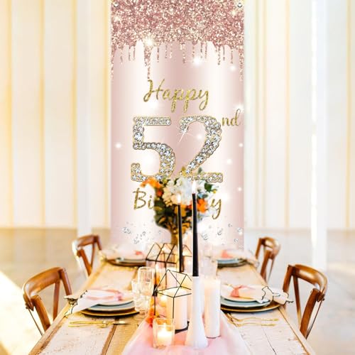 52e verjaardag Decoratie Vrouwen, Gelukkig 52e verjaardag Deur Banner Rose Gold,52e Verjaardag Stof Tekenposter Deur Decoratie,52e verjaardag Achtergrond Banner Dames,Voerdag Partij Welkom Teken 4