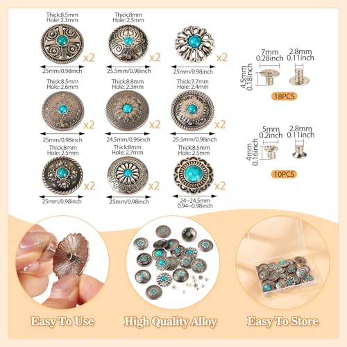 18 Sets Turquoise schroef terug Rives Leather Rivet Antique Silver Button Decoratieve Stud Rives voor Portemonnee Handtas Schoenen Leather Craft Kleding Belt