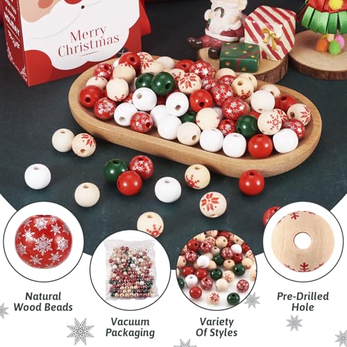 140 st Geschilderd hout Ronde kralen met sneeuwvlok patroon 7 stijlen Groot gat Natural Houten Spacer Losse kralen voor Macrame ambachten DIY Sieraden maken van thuisfeest decoratie 4