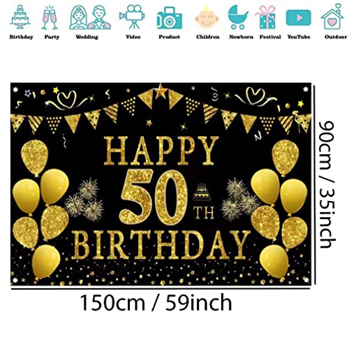 50e verjaardag Decoratie voor mannen/vrouwen, 50e verjaardag Stof Teken poster 50e verjaardag partij achtergrond Banner Verjaardag Decoratie zwart en goud, 150cm x 90cm
