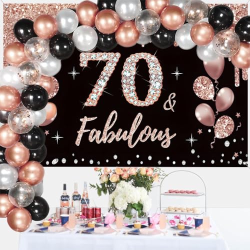 70e verjaardag decoratie voor vrouwen, 70e verjaardag decoratie zwart en rose goud glitter vlekken stof schild plaard 70e verjaardag achtergrond banner vrouw 70e verjaardag feest decoratie 3