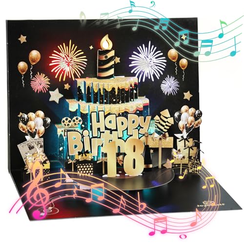 18e verjaardagskaart met muziek, 90° Pop-upkaart met licht en interactieve kaarsen, 3D wenskaarten, verjaardagscadeau voor mannen, vrouwen, vrienden, familie