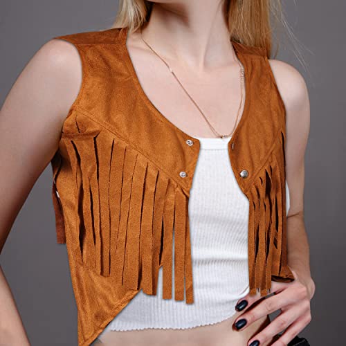Soft Cowgirl Fringe Vest - Sleeveless Cropped Jacket met Tassels, Bruin Hippie kostuum 70s Stijl voor vrouwen (L), l 4