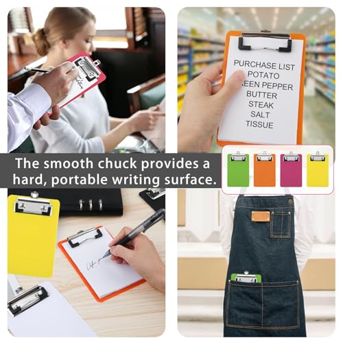 Pak van 4 klembord klembord A6 Plastic klembord klein met rubber metalen klem en hangoog, draagbare klemborden voor kantoor, werkplaats, keuken, 15 x 10 cm (oranje, rood, geel, groen) 5