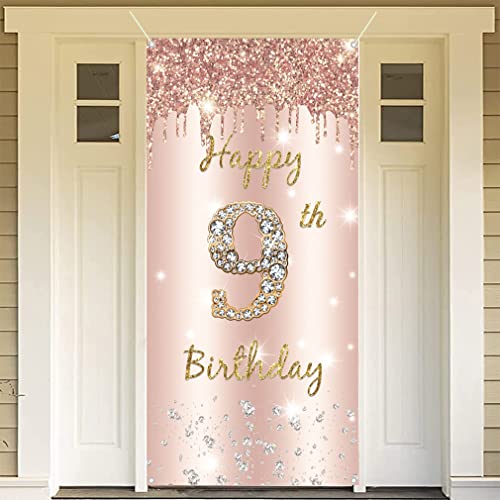 9th Birthday Girl Decoration, Happy 9 Birthday Rose Gold Door Banner, 9th Birthday Fabric Sign Poster Decoration Banner, 9th Birthday Achtergrond Banner Birthday Party Decoration