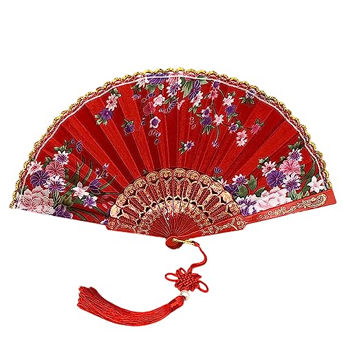 Hand Ventilator Ventilator Vouw Ventilator Vintage Hand Ventilator Chinese Vintage Stijl Hand Ventilator voor Vrouwen Mannen Vrouwen Wanddecoratie Bruiloft Feestgeschenken, Rood met hanger