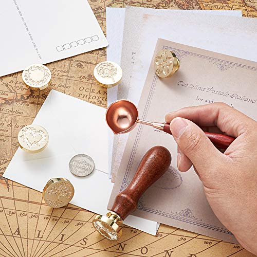 Waszegelstempelset, 6 stuks Retro koperen kop & 1 houten handvat & 1 wassmeltende lepel voor enveloppen, uitnodigingen, bruiloft, decoratie, geschenk, decoratie 5