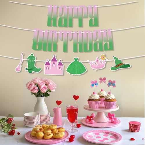 Witch Party Decoratie Banner, Roze en Groen Thema Gelukkige verjaardag Banner Voorgemonteerde magische hoed en kroon hangende achtergrond voor verjaardag partij leveringen 4