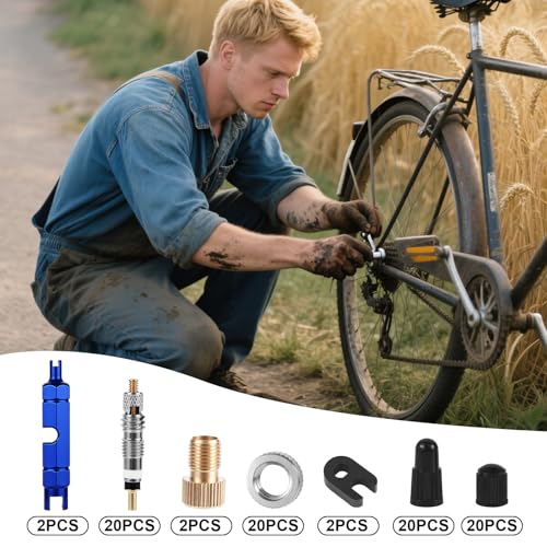 Valve Core Reparatie Kit, Bevat messing Valve Cores, Caps, Verwijderingsgereedschappen, Sleutels, Converters & Nuts Fietsbanden Reparatie Kit Compatibel met Presta & Schrader voor Road Bikes 3
