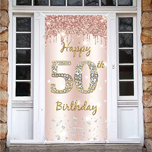 50e Verjaardag Decoratie - Gelukkige Verjaardag Deur Banner Rose Gold, Stof Tekenposter, Achtergrond Banner voor Vrouwen, Verjaardagsfeest Welkom Teken
