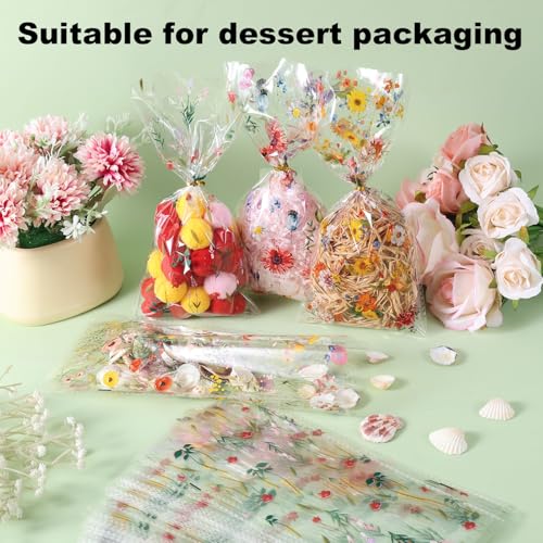 100 st Wildflower Candy Cookie Tassen, 4 stijlen Patroon Bloemen Lente Goodie Tassen met Bowties Wilde bloemen als decoratie voor een verjaardag bruiloft of partij (Wissen) 3