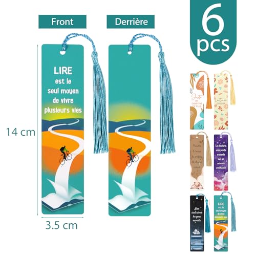 Esthetische bladwijzers papier, 6 x bladwijzers met Franse woorden en kwasten, cadeau voor volwassenen, kleine cadeaus voor scholen, eerste schooldag, boekenliefhebbers