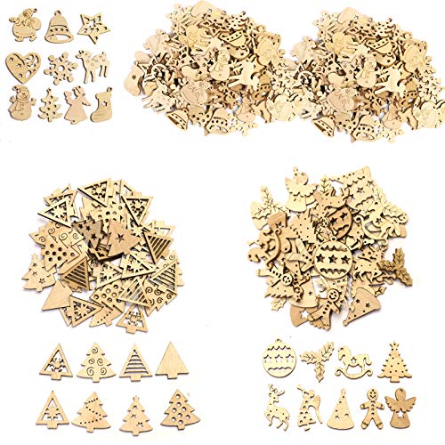 Verpakking van 200 Mini houten decoraties Hangers voor kerstboom, kerstman, sneeuwvlokken, houten schijven voor ambachten (Natuur) 3