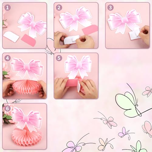 9 st Pink Bow Honingraat Middenstukjes, Bowknot Centers voor tafel roze Bow Paper Cutouts Coquette verjaardag decoraties voor meisjes vrouwen bruiloft bruidsdouche engagement 5