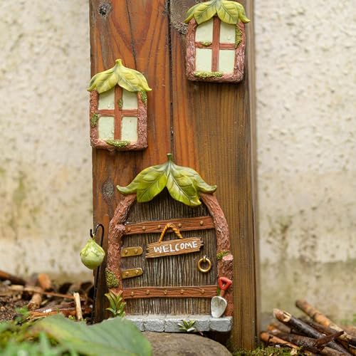 Fairy Deur & Window Set, Glow window Deur Decoratie voor Boom Glow in the Dark Hars Miniatuur Fairy Tuin Gazon Ornament Art Sculptuur Outdoor Decoratie 3