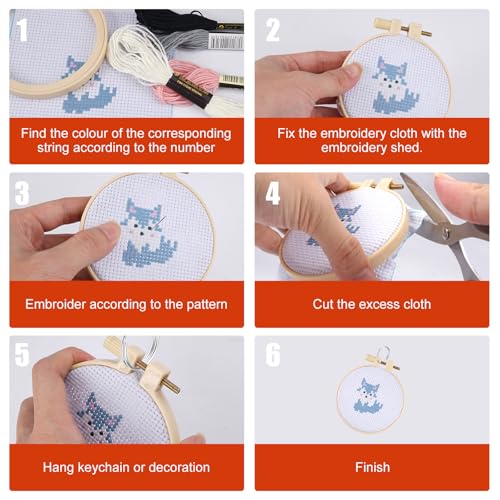 Verpakking van 6 kruissteek beginners set bevat 6 voorgedrukte kruissteek patronen, 2 borduurlijsten, 9 strengen borduurdraad, 7 borduurgereedschappen en instructies (Engelse taal niet 5