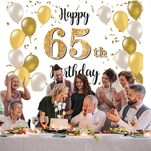 Verjaardagsdecoratie voor mannen/vrouwen, 65e verjaardag, Stof Tekenposter, Achtergrond Banner, Verjaardagsdecoratie, Wit en Goud, 1.5 Metres 5