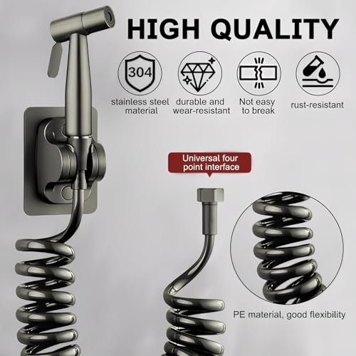Hand Douche Toilet, 304 Roestvrij stalen Bidet Sprayer voor Toilet, Hoge druk Spray Gun met 2 m PE slang, Donker grijs, Hand Bidet Spray Kit, voor Badkamer, Keuken, Hotel 3