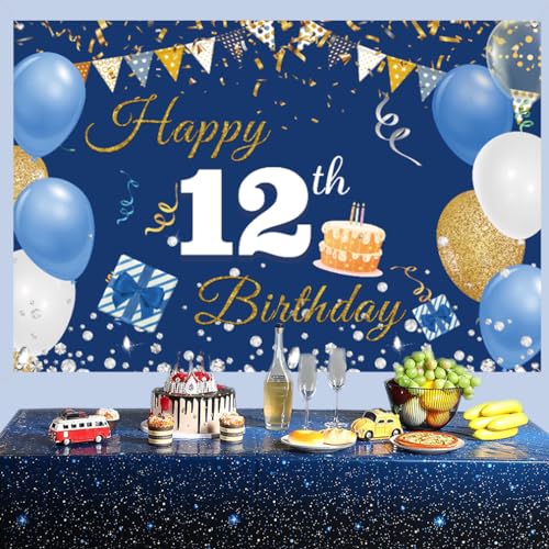 Verjaardag Decoratie voor jongens en meisjes, 12e verjaardag Banner, 12e verjaardag Stof Teken poster, 12e verjaardag Achtergrond Banner Jongen Verjaardag Party Decoratie, Blauw 4