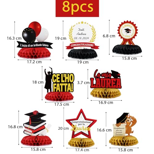 8 stukken centerpieces, afstudeerfeest, decoratie, mijn afstuderen, gefeliciteerd, feest, middenstuk, rood, zwart, honingraat patroon, decoratie, gast geschenken, afstudeertafel