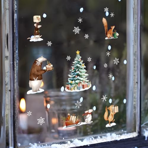 4 Vellen Kerstmis Window Stickers Aquarel Kerst scene Double Sided Snowflake Window Clings Herbruikbare Animal Glass Sticker voor Xmas Window Decor 4